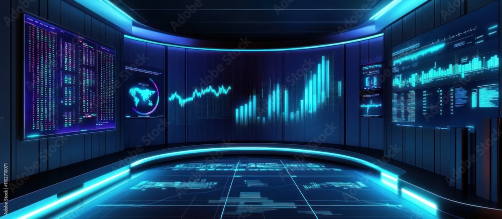 Futuristic control room with glowing screens displaying financial data and graphs.