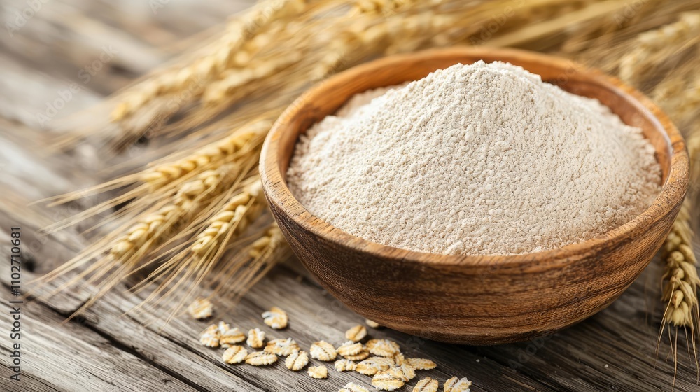 Bowl of flour surrounded by wheat on rustic wooden surface. Bowl of flour surrounded by wheat on rustic wooden surface.