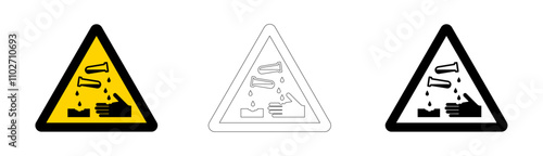 Warning or hazard signage for corrosive material in a yellow triangle.