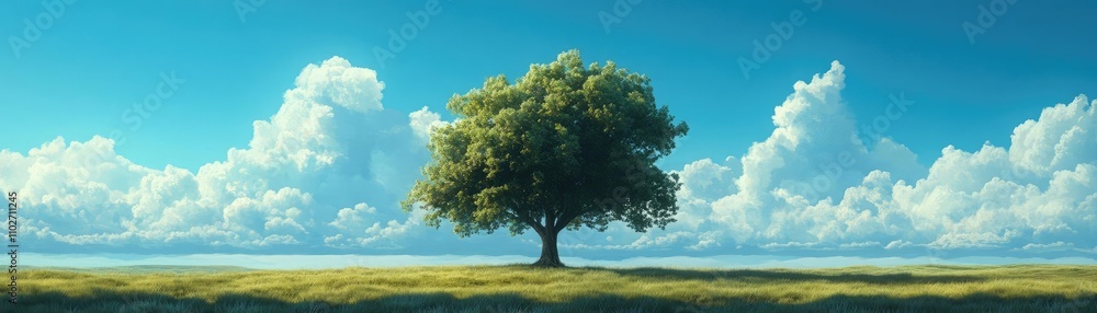 Fototapeta premium A solitary tree in the middle of a grassy plain, with a vast sky above