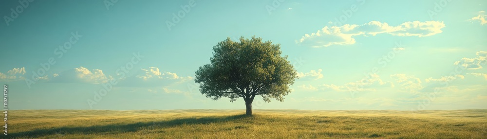 Fototapeta premium A solitary tree in the middle of a grassy plain, with a vast sky above