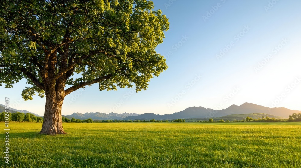 A majestic tree in a lush green field with mountains in the background.