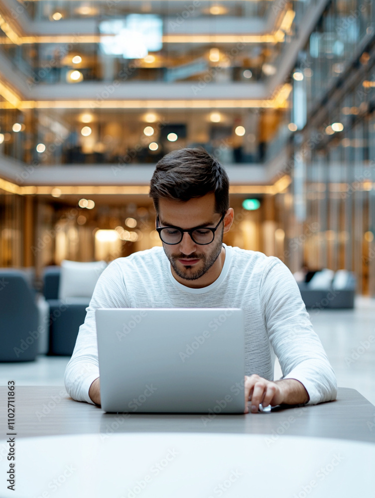 young man working on laptop in bright, contemporary office space. modern design features large windows and stylish furniture, creating inspiring work environment young man working on laptop in bright, contemporary office space. modern design features large windows and stylish furniture, creating inspiring work environment