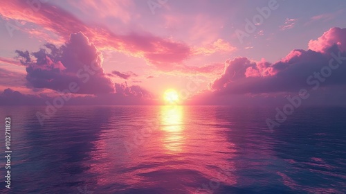 A sunset over a calm ocean, with the sky painted in pinks and purples photo