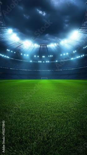 Empty Soccer Stadium at Night with Bright Grass Field and Floodlights