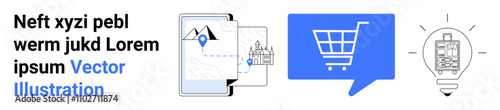 E-commerce shopping cart, mobile map with mountains, building, lightbulb with circuitry, and blue speech bubble. Ideal for online shopping, navigation apps, digital innovation, tech solutions