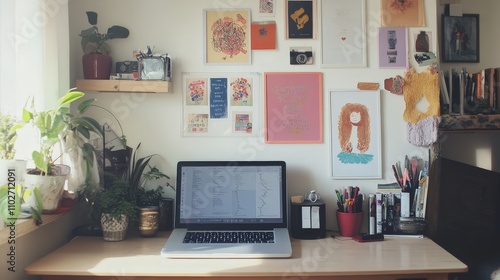 Create a home office with a laptop and a wall of motivational quotes.