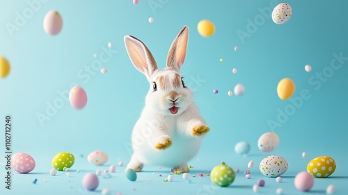 Wallpaper Mural Playful Easter bunny joyfully bursts through a pastel blue backdrop filled with colorful painted eggs in a delightful spring celebration Torontodigital.ca