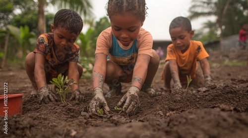 Seeds of faith. Children planting seeds in a garden, symbolizing faith and growth. 