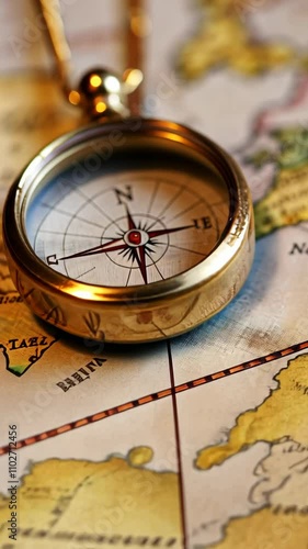 Navigating adventures with a compass resting on a detailed map highlighting various geographical features