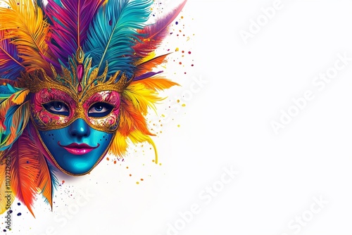 Venetian masquerade masks and colourful feathers isolated on white background