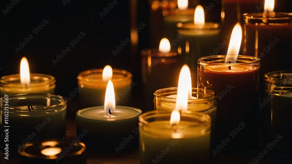 Soft light of candles in varied colors creating a calming atmosphere during evening relaxation Soft light of candles in varied colors creating a calming atmosphere during evening relaxation