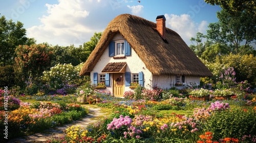 Charming Thatched Cottage in a Vibrant Flower Garden