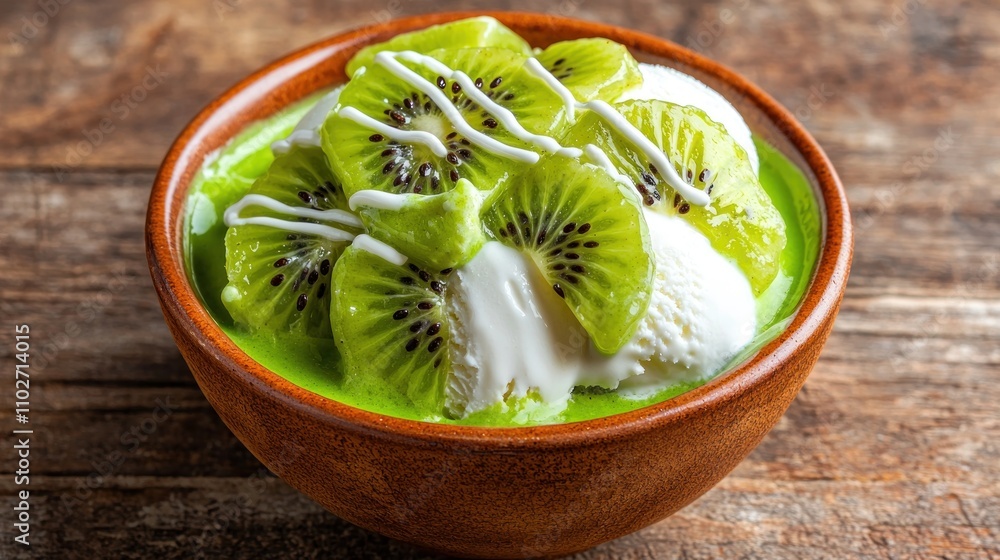A vibrant bowl of kiwi slices topped with creamy ice cream on a rustic wooden surface. A vibrant bowl of kiwi slices topped with creamy ice cream on a rustic wooden surface.