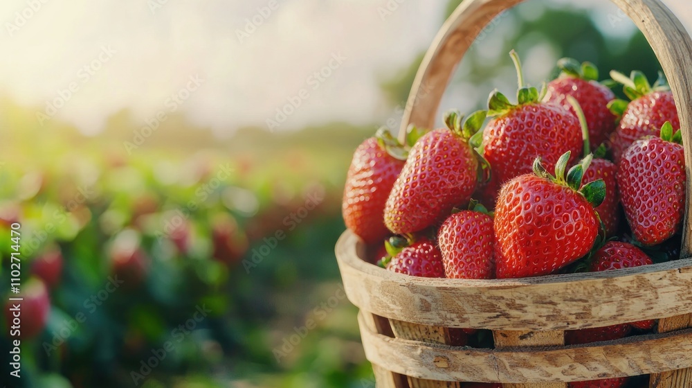 A basket filled with fresh, ripe strawberries resting in a sunlit field, showcasing the beauty of nature and the harvest season. A basket filled with fresh, ripe strawberries resting in a sunlit field, showcasing the beauty of nature and the harvest season.