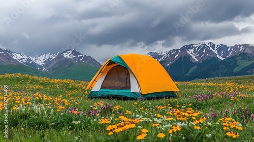 Wallpaper Mural A vibrant orange tent stands amidst colorful wildflowers, with majestic mountains under a cloudy sky, creating a picturesque camping scene. Torontodigital.ca