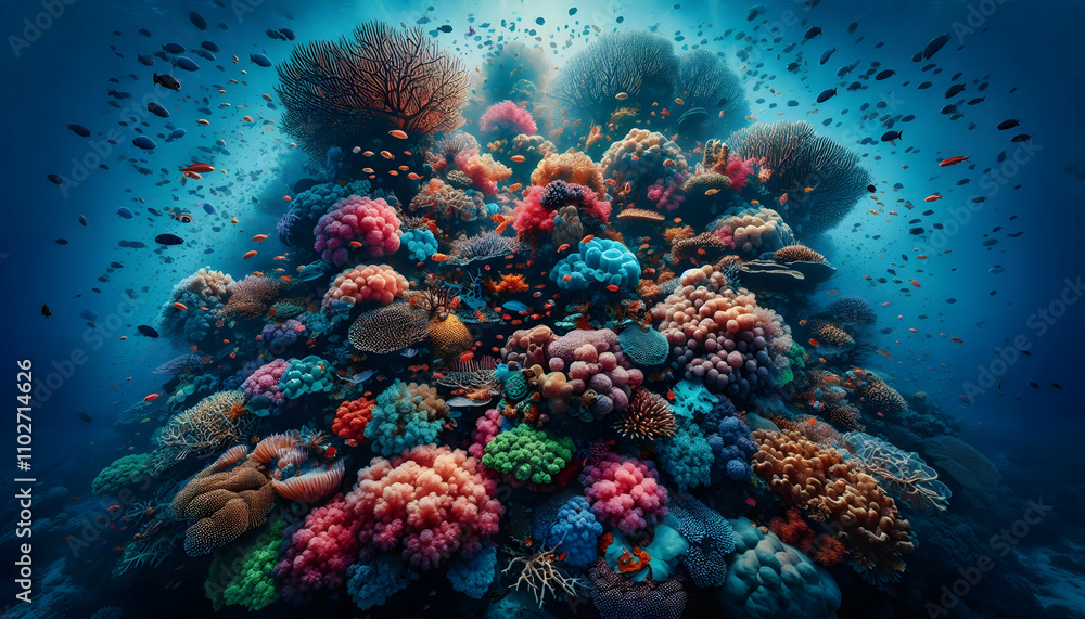 Naklejka premium Underwater Clusters of colorful corals surrounded by fish and marine life, creating a stunning underwater scen2