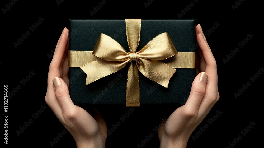 A pair of hands holds a beautifully wrapped black gift box adorned with a shiny gold ribbon against a dark background. A pair of hands holds a beautifully wrapped black gift box adorned with a shiny gold ribbon against a dark background.