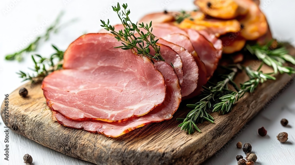 Sliced ham on wooden board with herbs and spices, white isolate background. Sliced ham on wooden board with herbs and spices, white isolate background.
