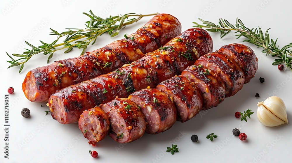 Thinly sliced dry smoked sausage with aromatic herbs and garlic, isolated on a clean white background, inspiring food lovers. Thinly sliced dry smoked sausage with aromatic herbs and garlic, isolated on a clean white background, inspiring food lovers.