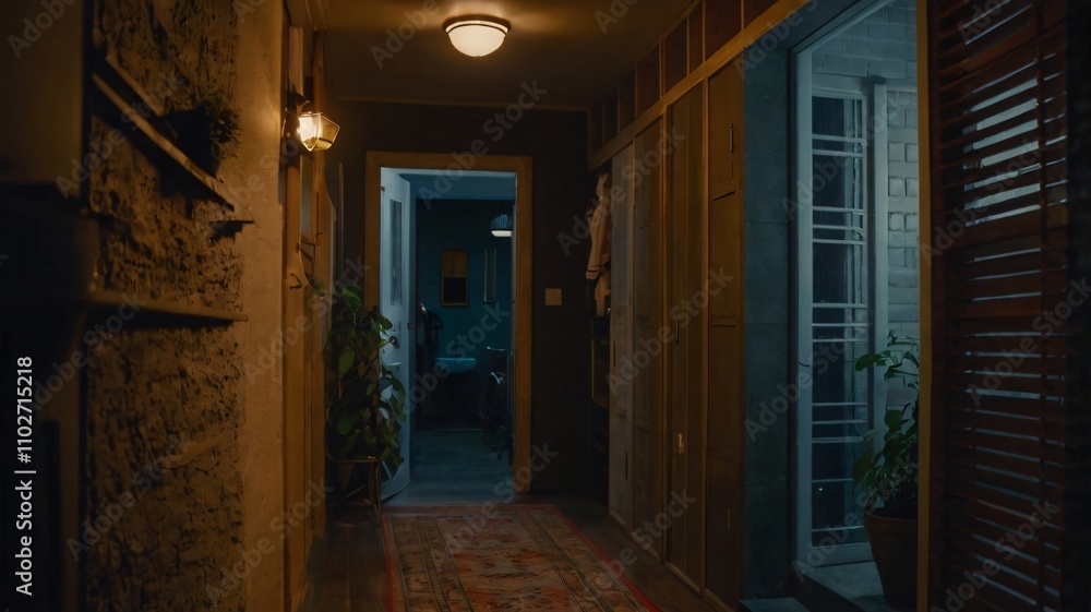 Dimly lit hallway with a blend of open doorways and plants in an apartment setting late at night Dimly lit hallway with a blend of open doorways and plants in an apartment setting late at night