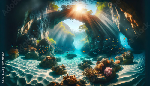 Underwater A picturesque undersea cove with tropical fish, coral arches, and sunlight creating ripples on the 2