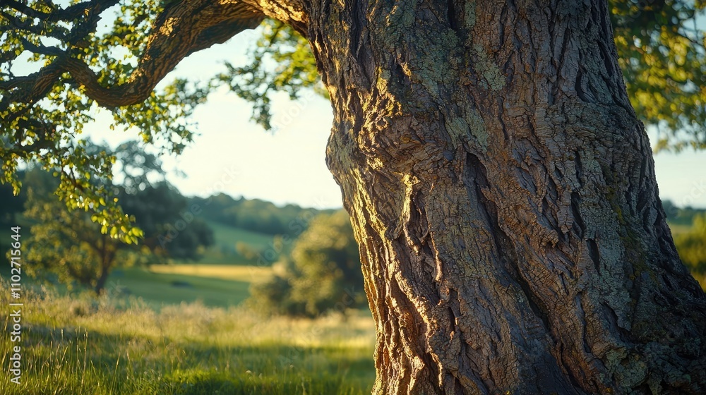 Close-up of a majestic tree trunk in a sunlit meadow, conveying nature's beauty. Close-up of a majestic tree trunk in a sunlit meadow, conveying nature's beauty.