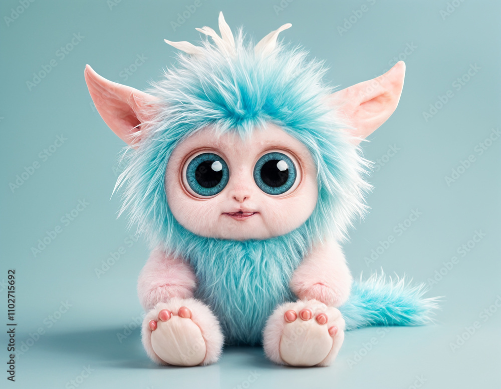 Fototapeta premium Cute fluffy cute monster with huge eyes and ears with feathers, pastel - generated by ai