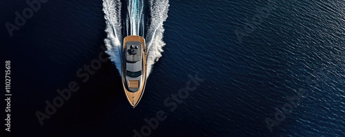Luxury yacht cruising over calm, deep blue water, aerial view.