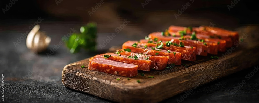 Sliced meatloaf garnished with herbs on a rustic wooden board. Sliced meatloaf garnished with herbs on a rustic wooden board.