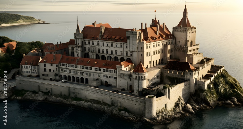 Obraz premium an old castle is sitting on the rock near the water