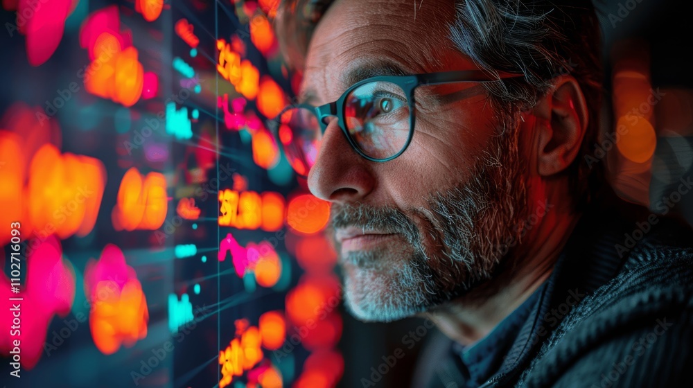 Businessman Analyzing Real-Time Financial Data on Computer Screen at Night in Office Businessman Analyzing Real-Time Financial Data on Computer Screen at Night in Office