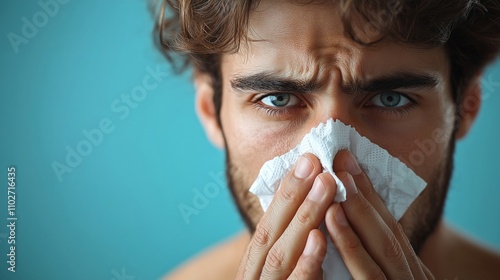 Man Struggling with Cold Symptoms Holding Tissue in Frustration