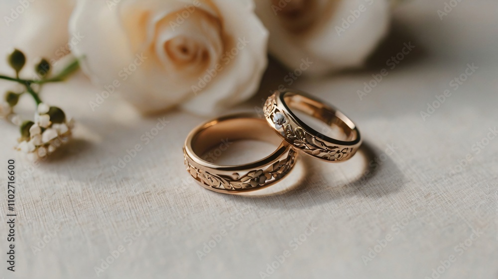 Exquisite gold wedding rings adorned with intricate patterns alongside delicate roses in a soft, romantic setting Exquisite gold wedding rings adorned with intricate patterns alongside delicate roses in a soft, romantic setting
