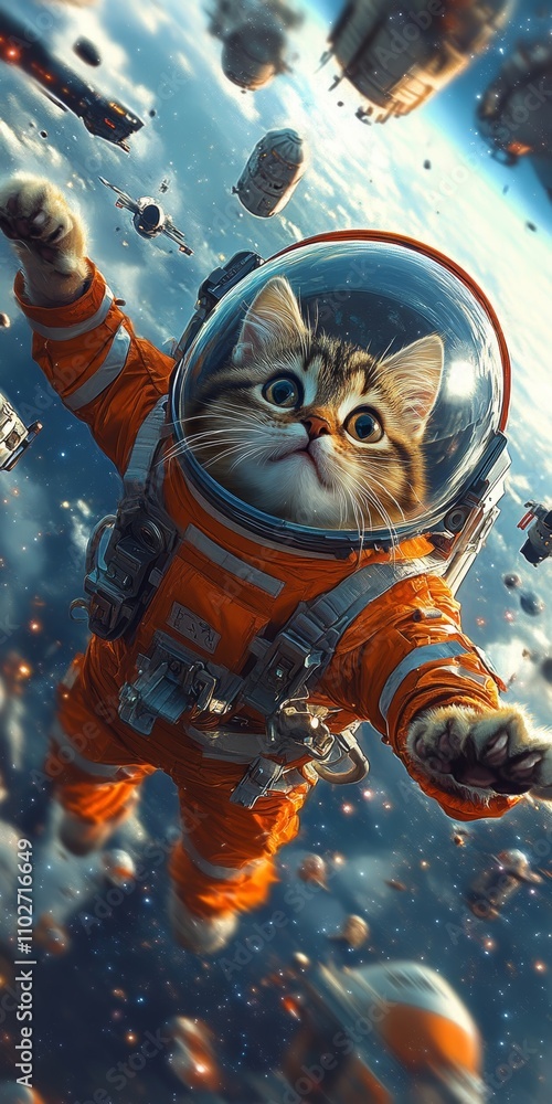 Cute Cat Astronaut in Space Adventure with Spaceships and Stars Cute Cat Astronaut in Space Adventure with Spaceships and Stars