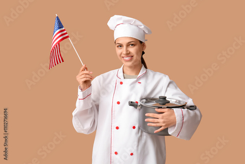 Female chef with USA flag a...