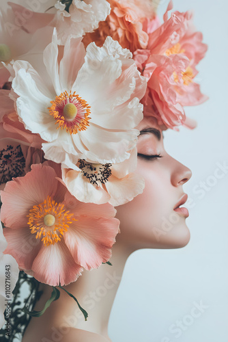 A woman from shoulders up, her face adorned with exquisite flowers