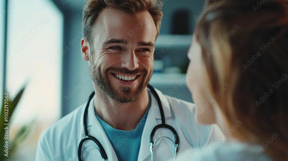 Doctor smiling while interacting with a patient or discussing care Doctor smiling while interacting with a patient or discussing care