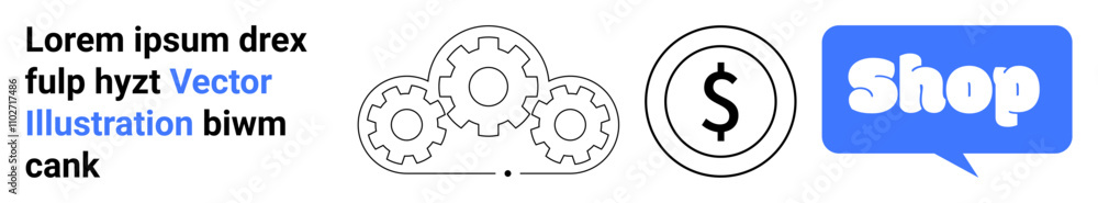 Gears in the center, a dollar sign representing financial transactions, and a blue speech bubble with the word Shop. Ideal for e-commerce, business, marketing, finance, technology. Banner for landing Gears in the center, a dollar sign representing financial transactions, and a blue speech bubble with the word Shop. Ideal for e-commerce, business, marketing, finance, technology. Banner for landing