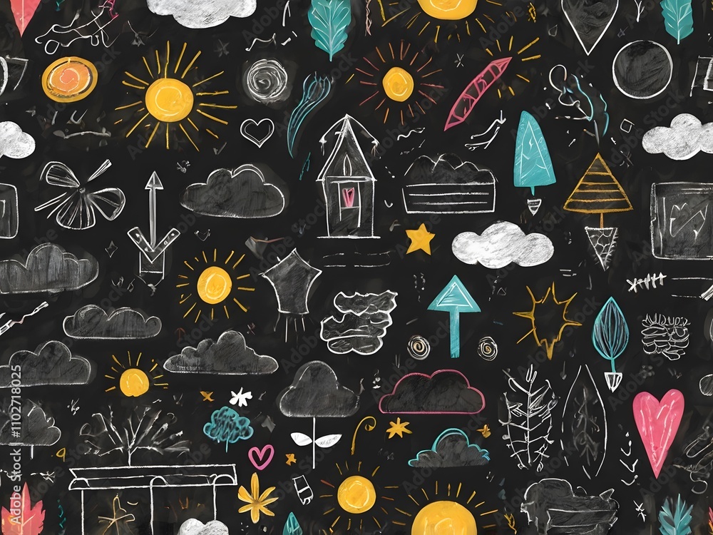 Chalkboard Doodle Seamless Pattern Sun Clouds Houses Arrows Chalkboard Doodle Seamless Pattern Sun Clouds Houses Arrows