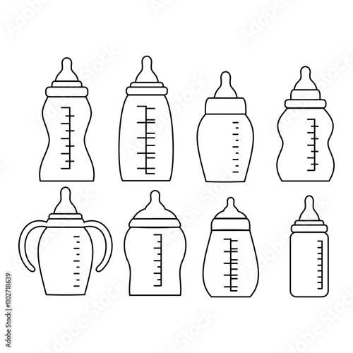 set of icons of nipple bottles for babies