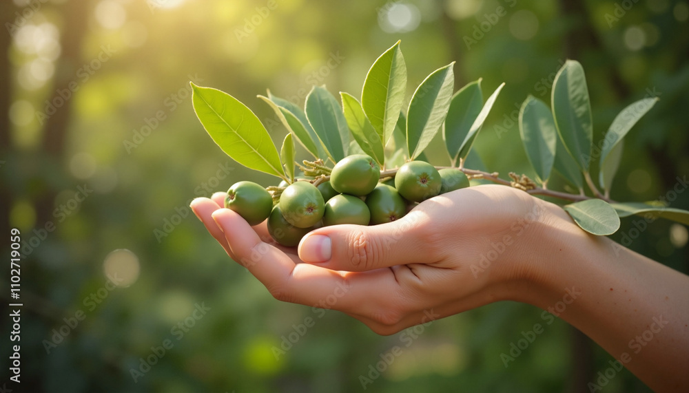 Fototapeta premium Hand holding a lush olive branch with ripe green olives under warm sunlight in a natural setting