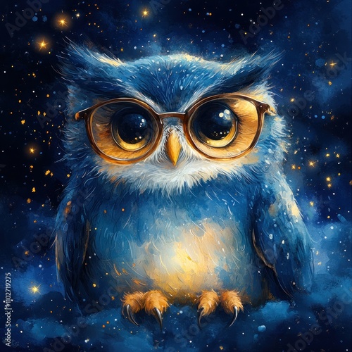 A whimsical blue owl wearing glasses against a starry night background.