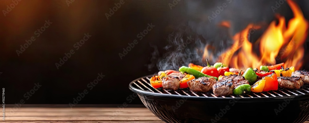 Grilled meat and vegetables on a barbecue with flames, smoky background. Grilled meat and vegetables on a barbecue with flames, smoky background.