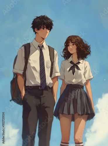 Carefree School Students Walking Together Under Summer Sky

