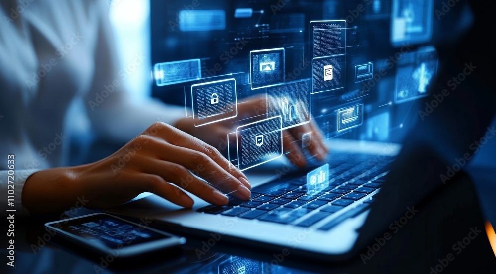 custom made wallpaper toronto digitalBusiness Woman Using Laptop for Compliance and Legal Management in Digital Environment with Transparent Screens