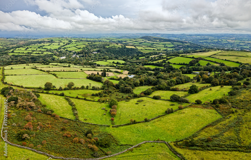 View N.E. from Ball Gate on Corringdon Ball over farm fields on the edge of Dartmoor near Shipley Bridge, Devon, England. Summer