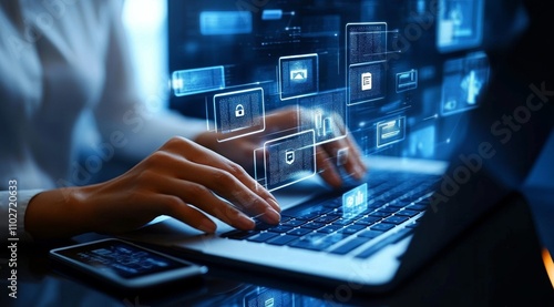 Wallpaper Mural Business Woman Using Laptop for Compliance and Legal Management in Digital Environment with Transparent Screens Torontodigital.ca