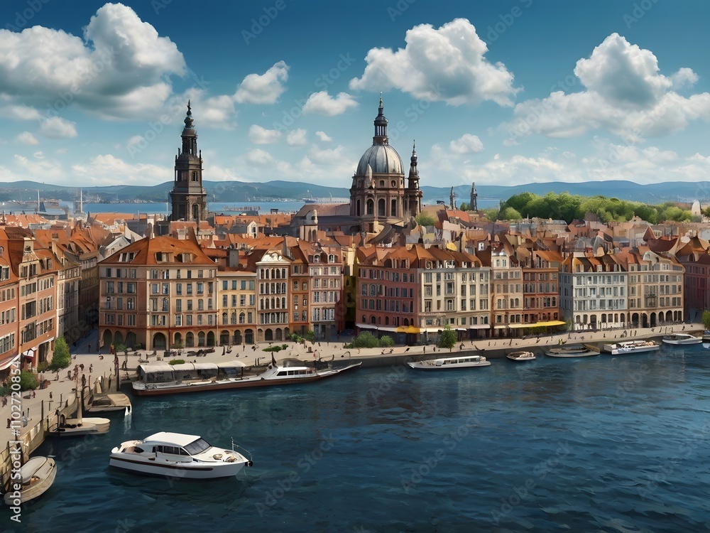 Fototapeta premium Scenic European Cityscape River Boats Architecture and Blue Sky