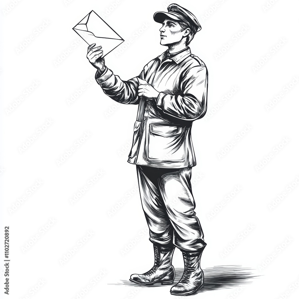 Postal Worker Delivering Letter Classic Uniform Hand Drawn Illustration Postal Worker Delivering Letter Classic Uniform Hand Drawn Illustration